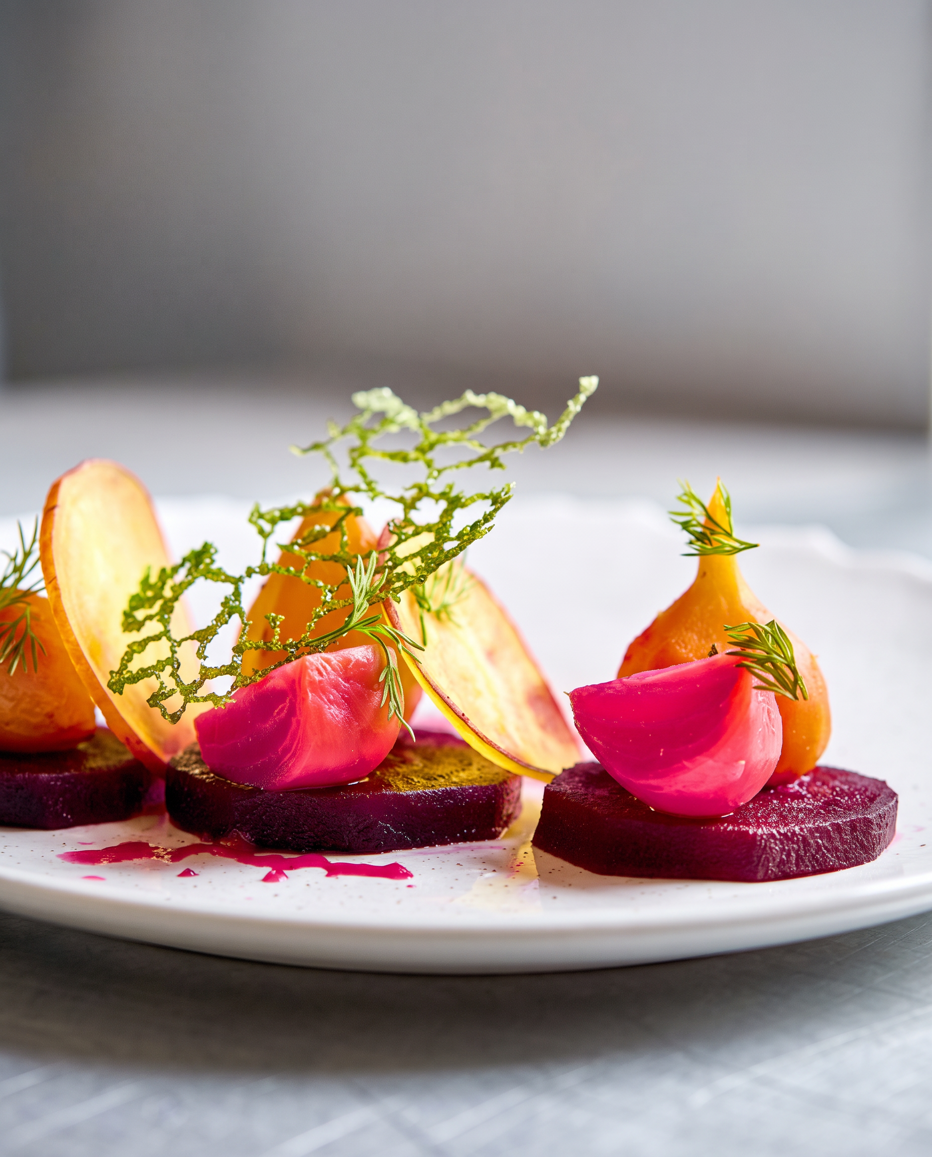 A colourful plated starter with delicate green garnishes